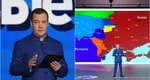 Dmitri Medvedev a ținut un discurs cu o hartă în spatele său, în care România s-ar învecina cu Rusia și ar avea teritorii din Ucraina. ”Voi spune un lucru amar”