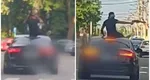 Imagini revoltătoare din Turnu Măgurele! Doi bărbați care circulau pe plafonul unei mașini au fost filmați în timp ce amenințau cu o armă de tip airsoft trecătorii și șoferii din trafic. Au încercat să fugă, dar au fost prinși de polițiști