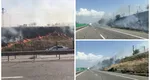 Incendiu de vegetație pe Autostrada Soarelui A2, lângă Podul Cernavodă. Circulația feroviară e oprită de câteva ore, cinci trenuri staționând în gările de pe traseu