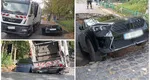 BMW „îngropat” după ce o stradă din Sectorul 6 s-a surpat. În mașină se aflau o femeie și un copil în vârstă de cinci ani
