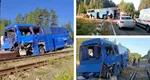 FOTO Accident fatal pe calea ferată! Un mort și cel puțin 16 răniți, după ce un autocar turistic a fost spulberat de un tren de marfă