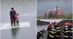 Au evitat o tragedie la mustață! Un bătrân și o fetiță, salvați, în ultima clipă, de pompieri de pe plafonul unei mașini care plonjase într-un canal