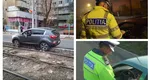 Tâgâdâm, pâş-pâş! Şofer rupt de beat în Bucureşti, imagini de cascadorii râsului cu maşina blocată pe şinele de tramvai: „E mort! Acolo să stai!” VIDEO