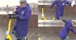 Un prezentator al rubricii meteo a căzut de pe trotinetă chiar în timpul unei transmisiuni live. Bărbatul s-a prăbușit pe caldarâm. VIDEO