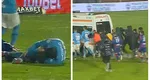 VIDEO Accidentare horror în fotbalul românesc. Toată lumea și-a pus mâinile în cap! Ambulanța, împinsă pe teren ca într-o tragicomedie