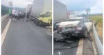 Accident grav pe A1! Carambol cu două mașini, un camion şi o autoplatformă. O femeie a rămas blocată într-un autoturism