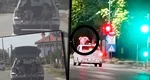 Scene incredibile pe șoselele din România: Doi copii transportați în portbagajul deschis și un bărbat urcat pe plafonul unui taxi. VIDEO