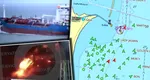 Primele imagini cu nava Yara J în flăcări. Ambarcațiunea sub pavilion Insulele Comore a fost lovită de mai multe drone, în apropiere de Sulina