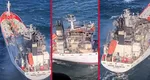 Primele imagini cu nava care a luat foc în Marea Neagră, în apropiere de Sulina, după ce în zonă au fost semnalate drone. M.A.I. a trimis elicoptere Black Hawk să-i salveze pe marinari