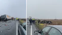 Accident cu șapte morți pe DN6, în Timiș. Un microbuz, un TIR, o autocisternă și o mașină s-au ciocnit