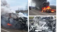 Accident grav în Vinerea Mare. O mașină a luat foc în urma impactului, două persoane au fost rănite