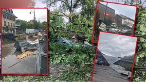 Dezastru la Sinaia. Acoperișul Gării Sinaia, smuls de vijelii și aruncat pe DN1
