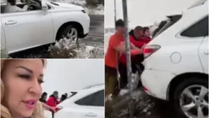 Lorenna, implicată într-un accident! Maşina artistei a ajuns într-un indicator rutier de pe marginea drumului după ce a derapat. VIDEO