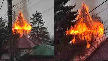 VIDEO Biserică din Bacău, cuprinsă de flăcări chiar de Sfântul Andrei! Pompierii luptă să salveze lăcașul de cult
