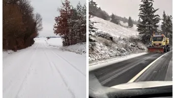 Iarnă în toată regula în mai multe zone din România. Drumarii intervin pentru deszăpezirea drumurilor. Unde va mai ninge în următoarele ore