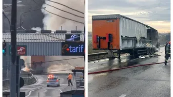 TIR în flăcări pe Autostrada Soarelui. Traficul este blocat