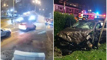 VIDEO Accident ca-n filme în Oradea. Șoferul unui Mercedes a zburat, efectiv, peste un sens giratoriu