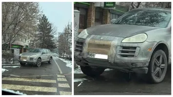 EXCLUSIV Foto SCANDALOS! Cocalar de Mehedinți cu Porsche Cayenne cu carton la radiator și urcat pe trotuar la trecerea de pietoni! La Londra se face pușcărie pentru așa ceva. În București, nici amendă n-a primit!