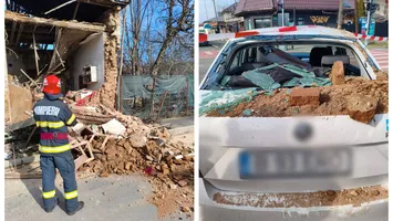 Patru persoane au fost la un pas de tragedie în Giurgiu. Peretele unei case abandonate s-a prăbușit peste o mașină oprită la semafor