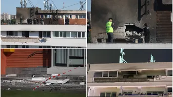 Cum arată blocul din Galați lovit de drona rusească. Suflul exploziei a produs o gaură uriașă în acoperiș, a decopertat balconul apartamentului de la etajul 10 și a smuls câteva geamuri