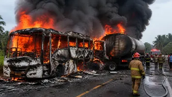 Cel puțin 16 persoane au murit pe loc după ce un autobuz s-a ciocnit frontal cu o cisternă și a luat foc