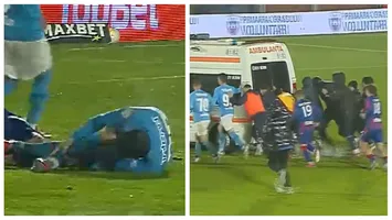 VIDEO Accidentare horror în fotbalul românesc. Toată lumea și-a pus mâinile în cap! Ambulanța, împinsă pe teren ca într-o tragicomedie