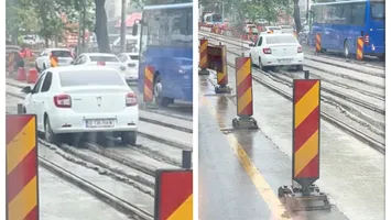 Viralul zilei: Cascadorii râsului în Bucureşti, un şofer a rămas împotmolit cu Loganul în beton pe linia de tramvai VIDEO