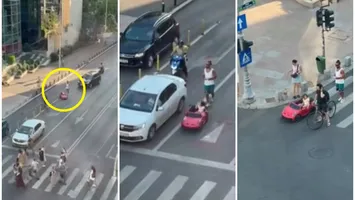 Bărbatul care și-a lăsat copilul să circule într-o mașină de jucărie printre mașinile de pe Calea Victoriei a fost identificat și amendat
