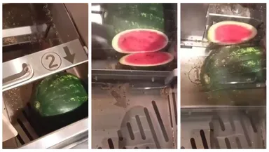 N-ai cum așa ceva! Românii își feliază pepenele la LIDL la aparatul pentru tăiat pâine! Video viral cu imaginile supertari