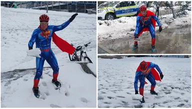 Superman e român! Un bărbat din Tulcea s-a îmbrăcat în supererou și a strâns zăpada din oraș cu un făraș