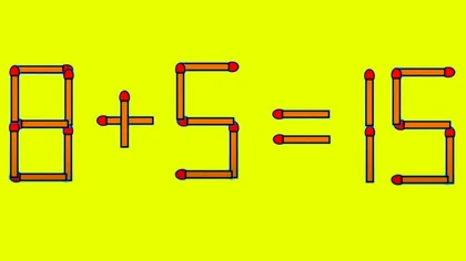 Test IQ. Mută un singur băț de chibrit pentru a corecta ecuația 8+5=15