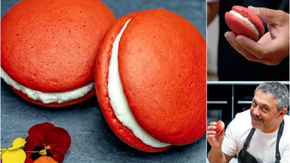 Red Velvet Macarons cu cremă de brânză și unt, după rețeta lui chef Sorin Bontea. Un desert rafinat, cu o aromă cu totul specială