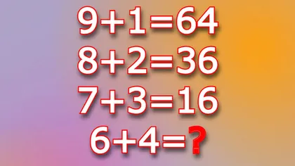 Test IQ pentru genii. Cât face 6+4, dacă 9+1=64, 8+2=36 și 7+3=16?