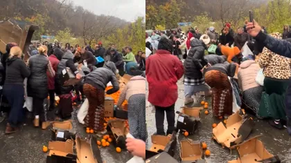 Bătaie pe portocale după ce un TIR s-a răsturnat în Mehedinți. Oamenii s-au călcat în picioare să strângă fructele de pe jos VIDEO