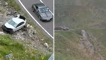 VIDEO Momentul în care o maşină se prăbușește într-o râpă, pe Transfăgărăşan. Şoferița a uitat să tragă frâna de mână