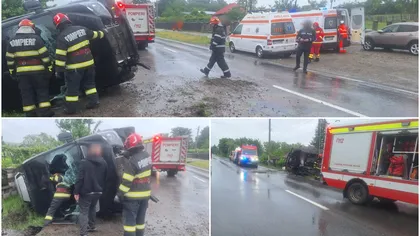 Microbuz cu 8 pasageri răsturnat în județul Suceava. Accidentul s-a produs după ce șoferul microbuzului a încercat să depășească un TIR