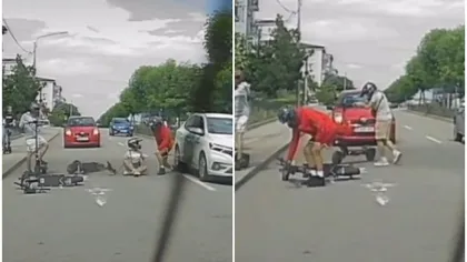 Imagini șocante în trafic. Un adolescent pe trotinetă, la un pas de tragedie sub roțile unei mașini