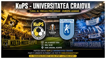 LIVE KuPS – Universitatea Craiova (ora 18:00) ONLINE VIDEO în Europa League. Surprize în primul „11” al oltenilor, unde vezi meciul în direct la tv