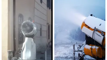 Soluţie inedită împotriva caniculei! Tun de zăpadă în centrul Braşovului pentru răcorirea turiştilor şi a localnicilor VIDEO
