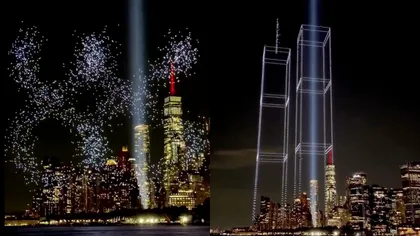 Moment emoționant la New York. Turnurile Gemene au fost recreate cu drone iluminate, la 25 de ani de la atentatele de la 11 septembrie