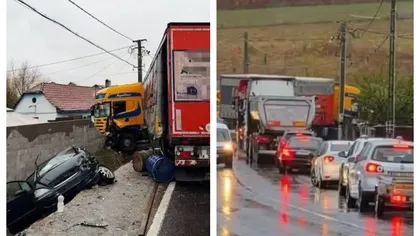 Un TIR a intrat pe contrasens și a spulberat o mașină pe DN 13, în Brașov, apoi s-a oprit într-un gard