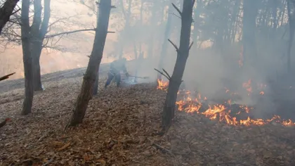 Argeş: Un eclicopter al MAI intervine pentru stingerea incendiului izbucnit în zona Vârfului Podeanu