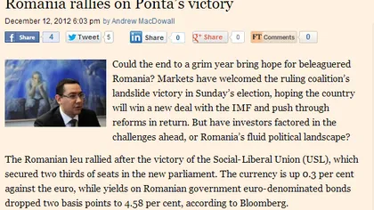 Financial Times: România îşi revine după victoria lui Ponta