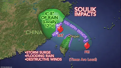 Taifunul Soulik a ajuns deasupra uscatului în Taiwan
