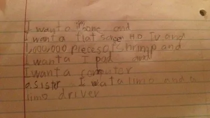 Ce conţine lista de cadouri a unei fetiţe, pe lânga un iPhone, iPad şi un PC. Părinţii sunt uluiţi