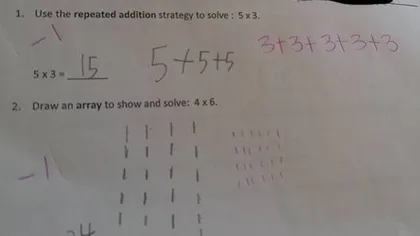 Un elev a scris pe foaie că 5x3=15, dar profesorul nu a fost de acord. Care este explicaţia