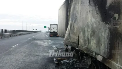 Panică pe autostradă: Un camion cu animale a luat foc