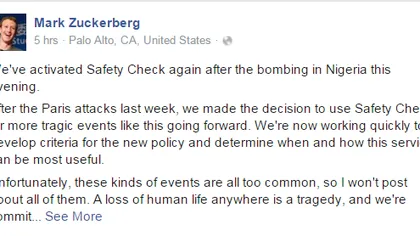 Mark Zukerberg anunţă că a activat SAFETY CHECK pe Facebook după atentatele din Nigeria