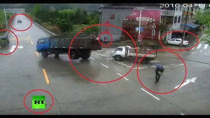Accident incredibil surprins în China. Moartea trece la câţiva milimetri de un pieton VIDEO