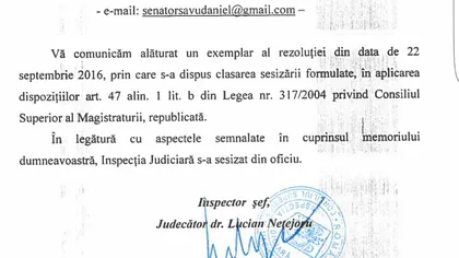 Dovada ca Inspecţia Judiciară a CSM s-a autosesizat în cazul situaţiilor de la DNA Ploieşti, legate de dosarul Ponta - Blair